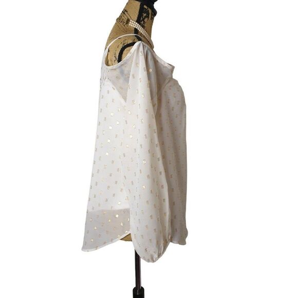 Women's Cold Shoulder Blouse Crochet Lace Gold Detail Layer Chiffon Top M - Picture 5 of 6